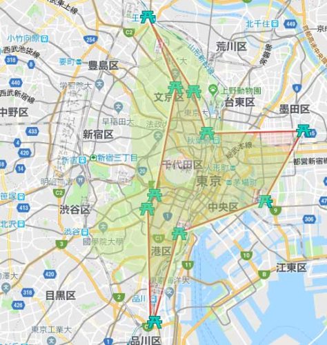 東京十社御朱印帳で10か所を結んだラインと実際の地図を比較した図